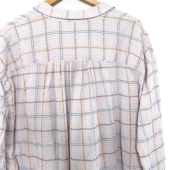 Free People Break My Stride Plaid Button Down Collared Shirt Pink Gold Size Med - Picture 5 of 8